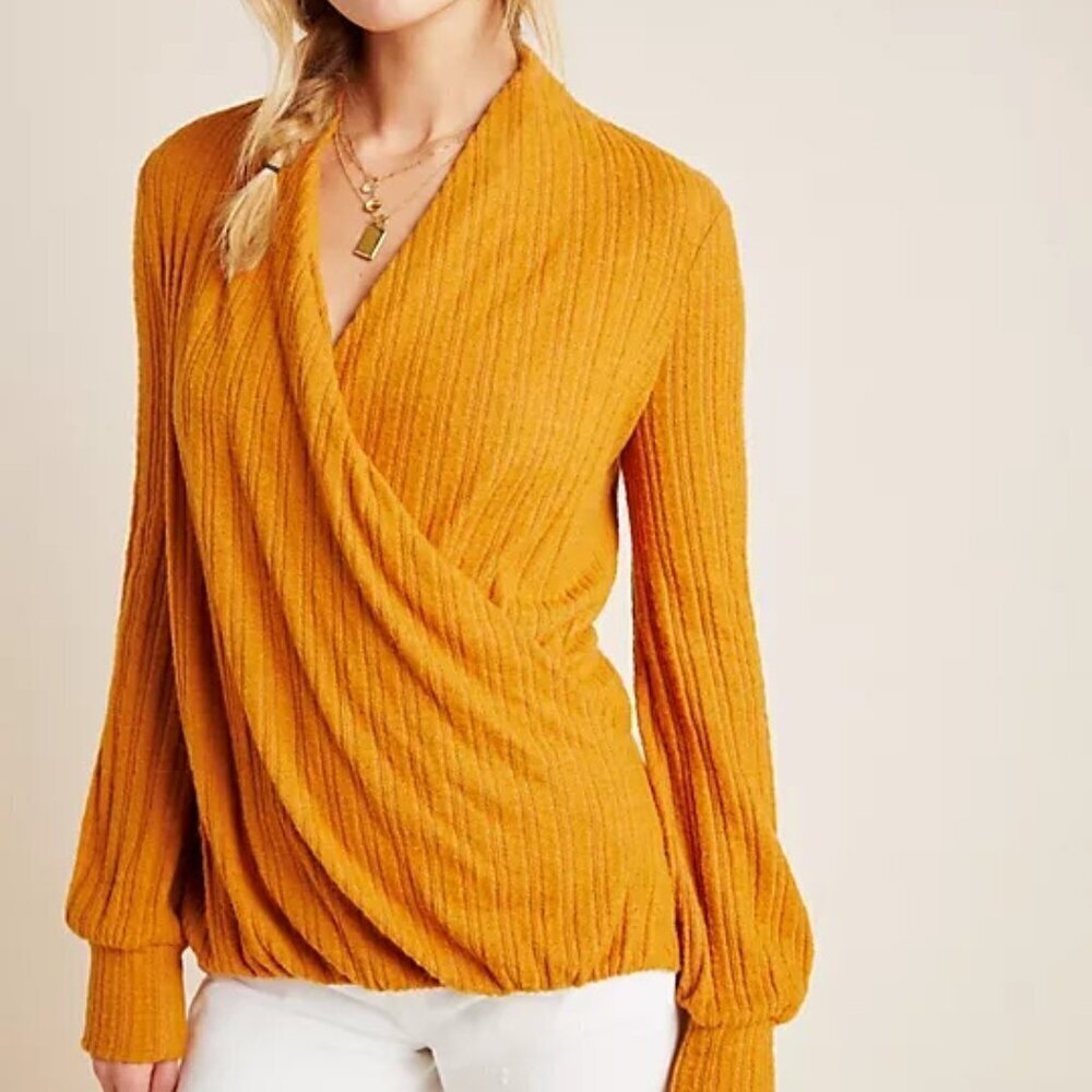 Maeve Rafela Hacci Surplice Top in Gold Bohemian Comfy Cozy Oversized XS